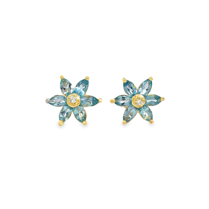 14K Yellow Gold Blue Topaz &amp; Diamond Flower Stud Earrings