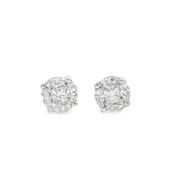 Diamond Cluster Stud Earrings – 1.75 CTW, 18K White Gold
