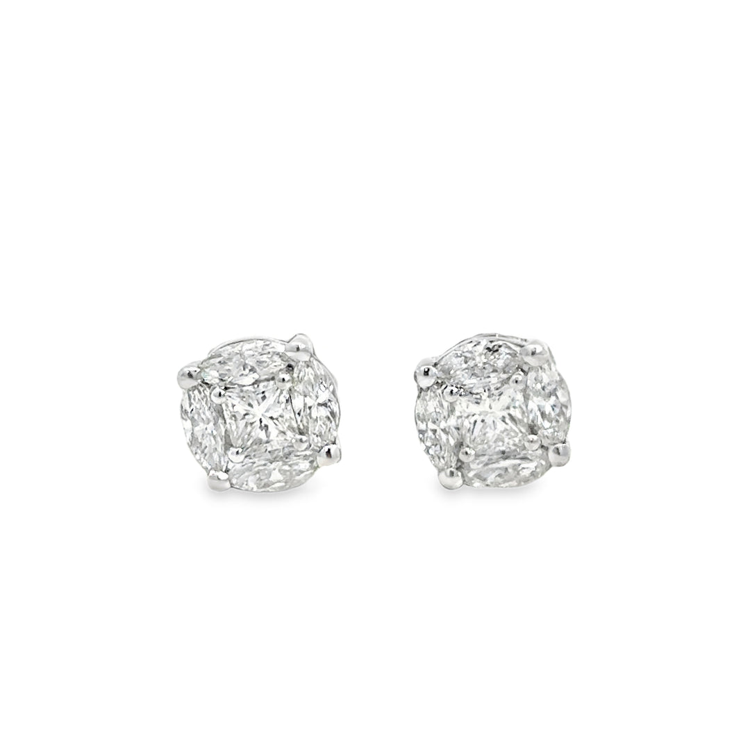 Diamond Cluster Stud Earrings – 1.75 CTW, 18K White Gold