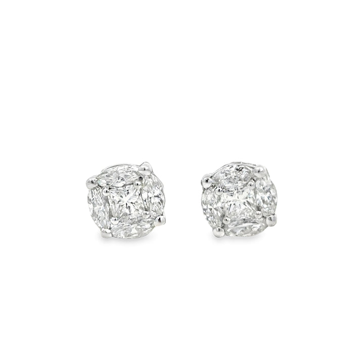 Diamond Cluster Stud Earrings – 1.75 CTW, 18K White Gold
