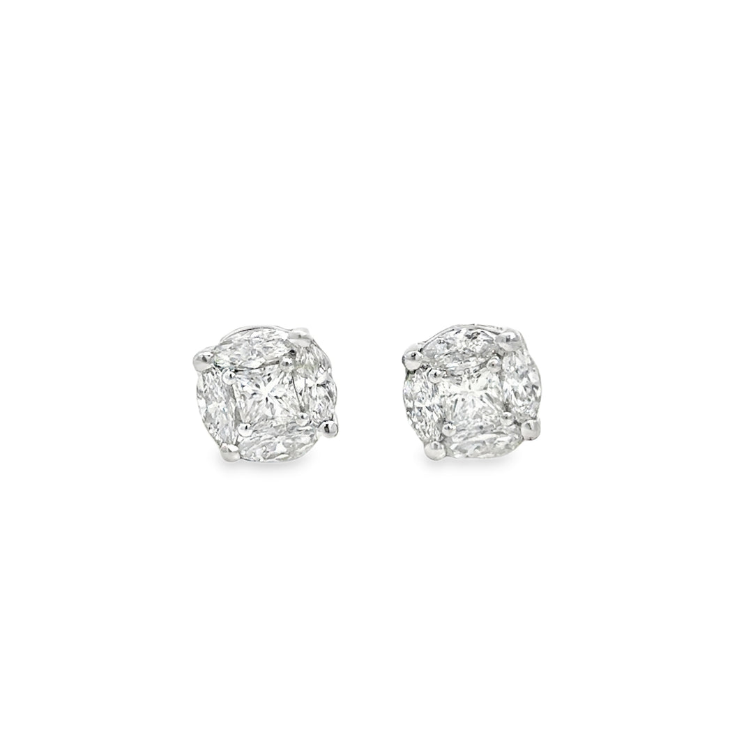 Diamond Cluster Stud Earrings – 1.75 CTW, 18K White Gold