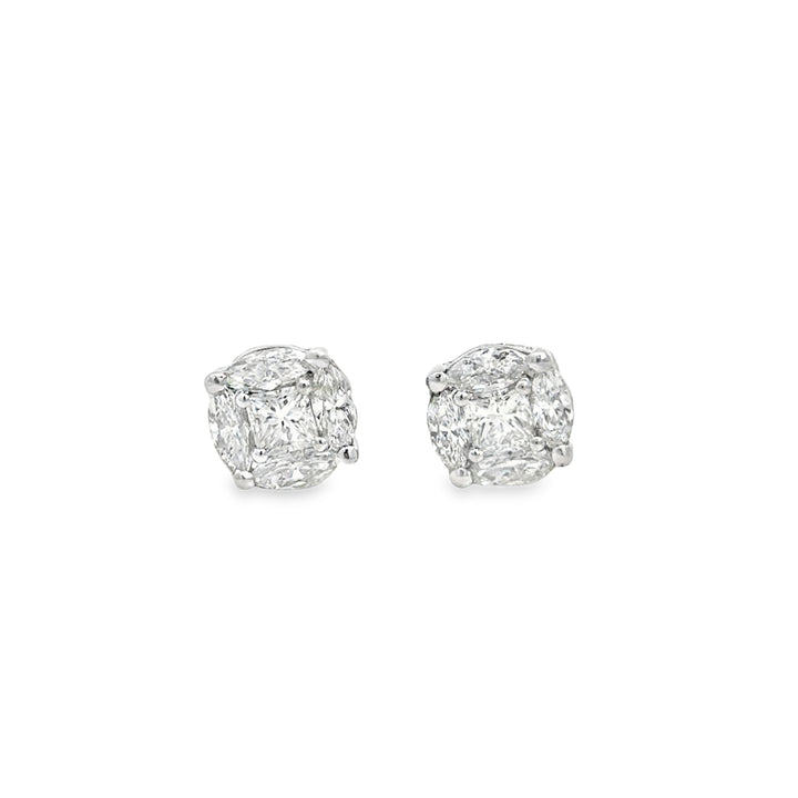 Diamond Cluster Stud Earrings – 1.75 CTW, 18K White Gold