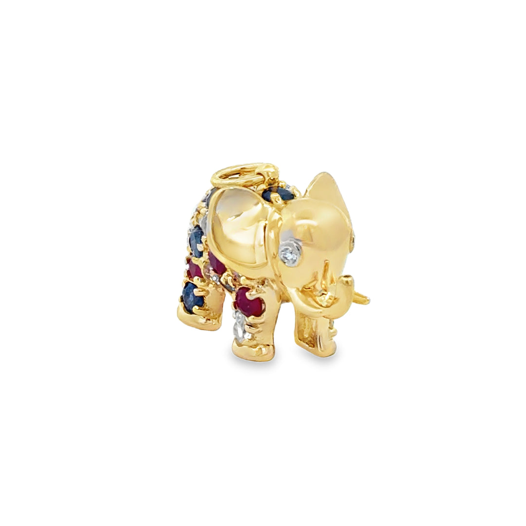 Diamond 14K Yellow Gold Aquamarine, Ruby & Sapphire Elephant Pendant/Charm