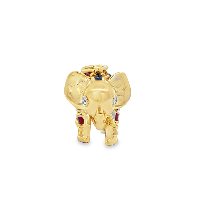 Diamond 14K Yellow Gold Aquamarine, Ruby & Sapphire Elephant Pendant/Charm