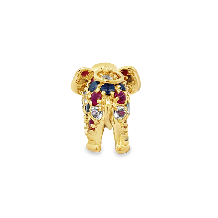 Diamond 14K Yellow Gold Aquamarine, Ruby & Sapphire Elephant Pendant/Charm