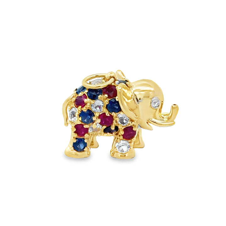 Diamond 14K Yellow Gold Aquamarine, Ruby & Sapphire Elephant Pendant/Charm