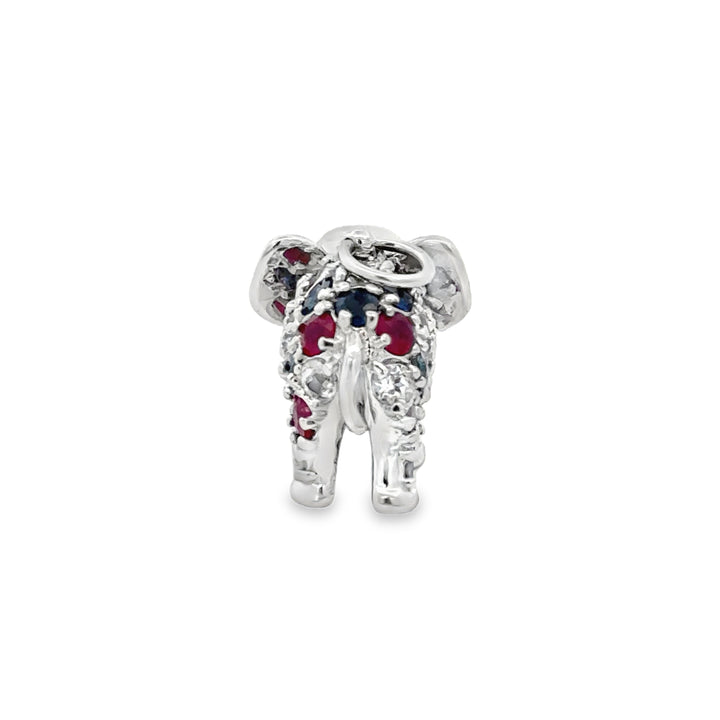 14K White Gold Aquamarine, Ruby & Sapphire Elephant Pendant/Charm