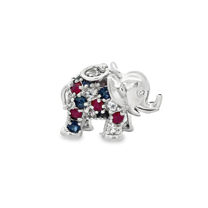 14K White Gold Aquamarine, Diamond, Ruby & Sapphire Elephant Pendant/Charm