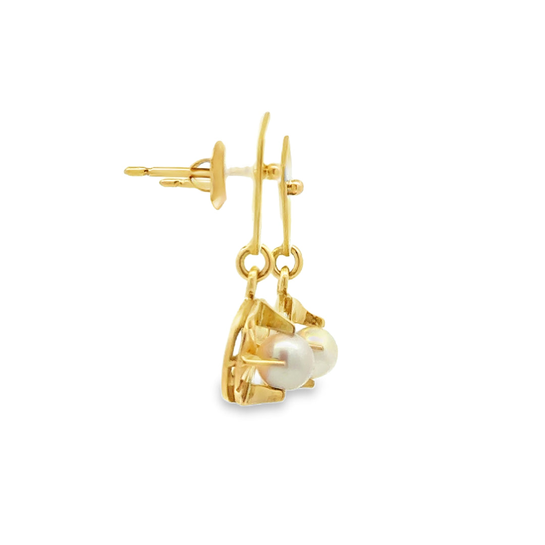 Vintage 5mm Pearl 14K Yellow Gold Drop Earrings Circa 1900&
