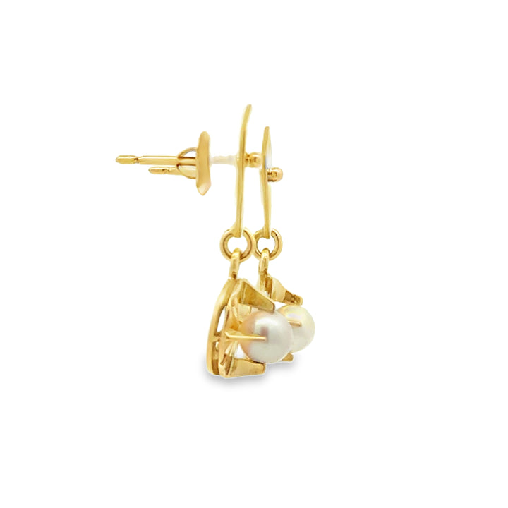 Vintage 5mm Pearl 14K Yellow Gold Drop Earrings Circa 1900&