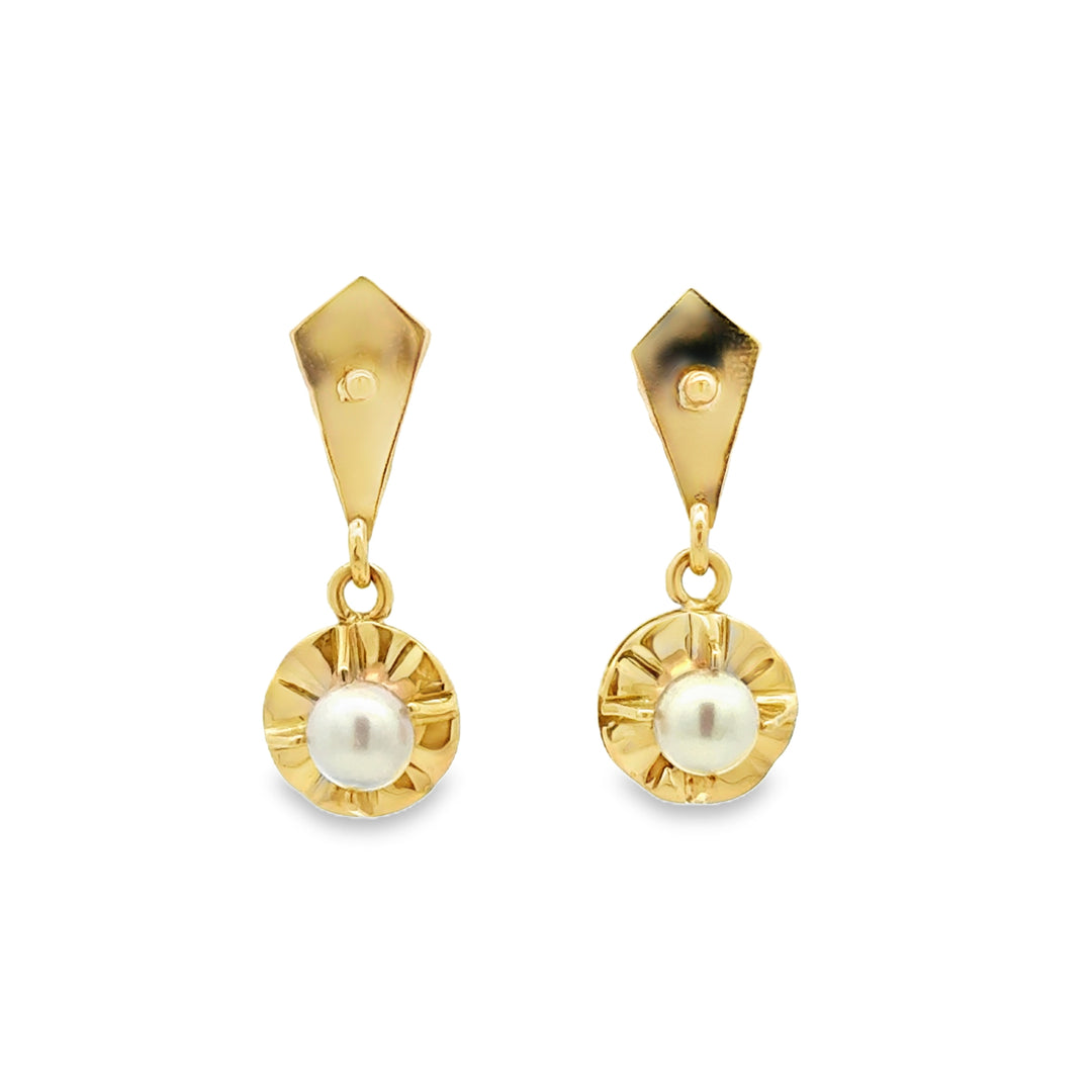 Vintage 5mm Pearl 14K Yellow Gold Drop Earrings Circa 1900&