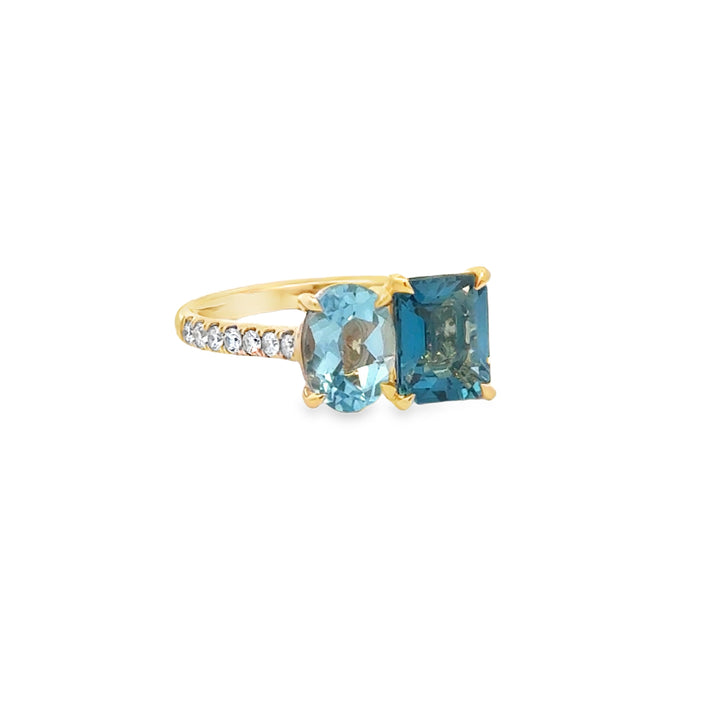 Sky Blue & London Blue Topaz 0.24 CTW Diamond 18K Yellow Gold Ring