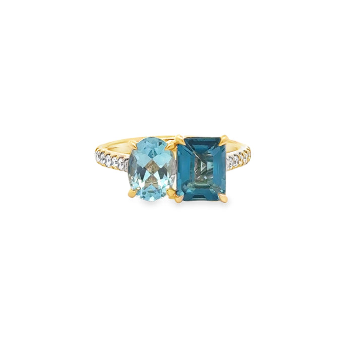 Sky Blue & London Blue Topaz 0.24 CTW Diamond 18K Yellow Gold Ring