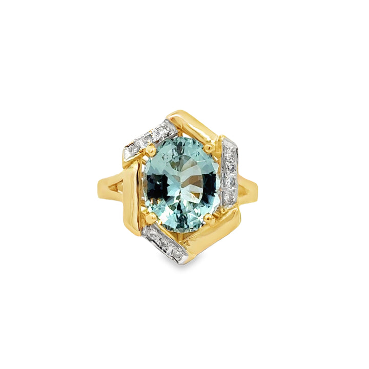 3.19 CT Oval Aquamarine and Diamond 14K Yellow Gold Ring