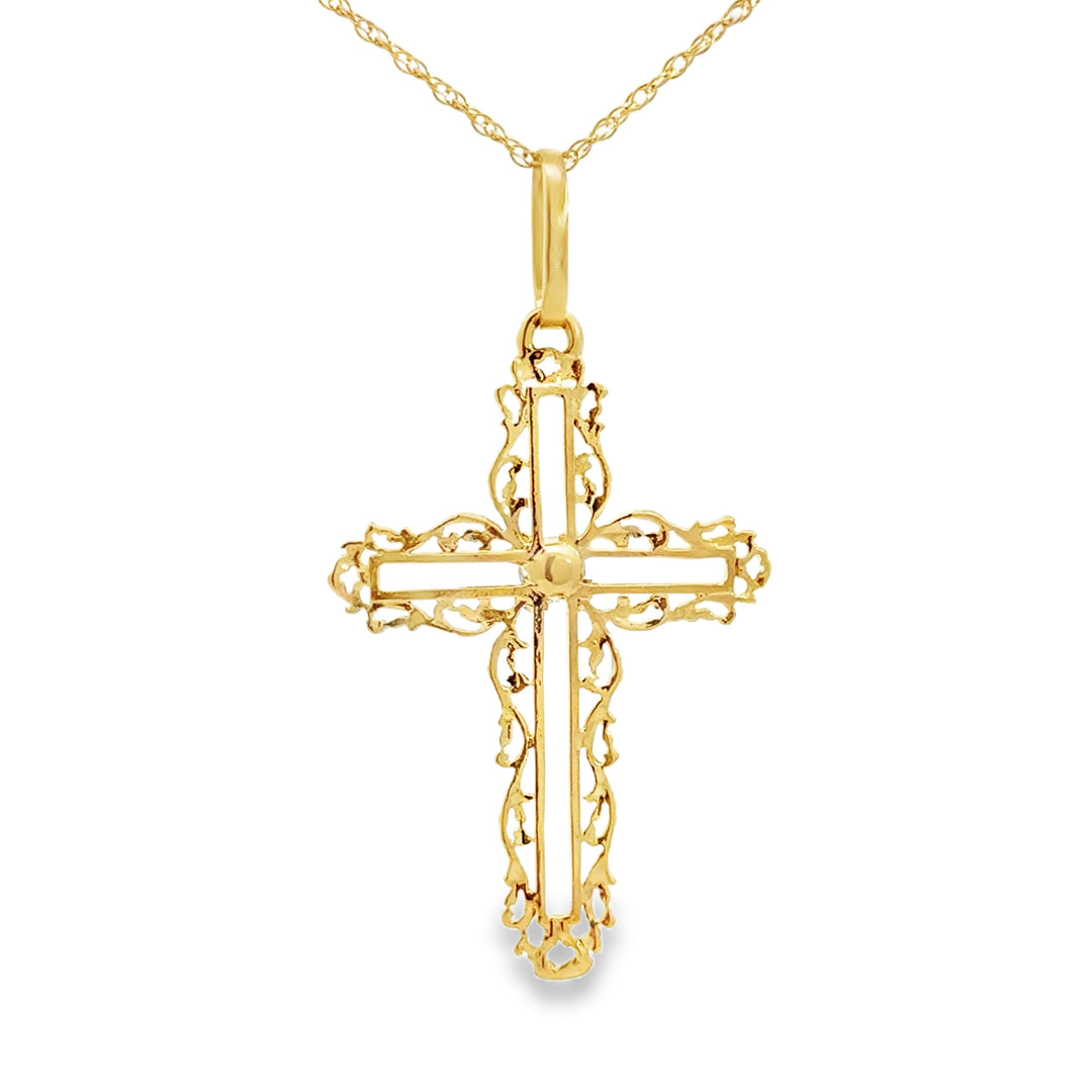 0.25 CT Diamond Vintage Inspired Cross Pendant Necklace 14K Yellow Gold