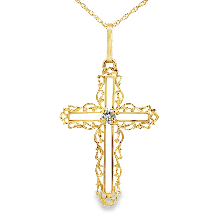 0.25 CT Diamond Vintage Inspired Cross Pendant Necklace 14K Yellow Gold