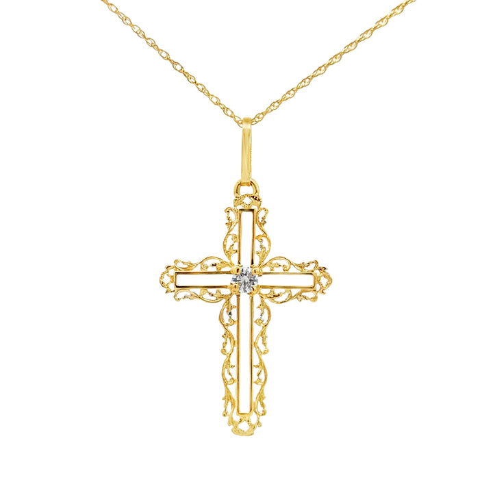 0.25 CT Diamond Vintage Inspired Cross Pendant Necklace 14K Yellow Gold