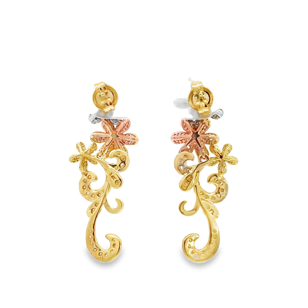 1.00 CTW Diamond Tri-Color Floral Drop Earrings 14K Gold
