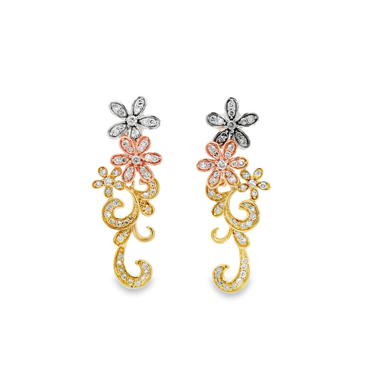 1.00 CTW Diamond Tri-Color Floral Drop Earrings 14K Gold