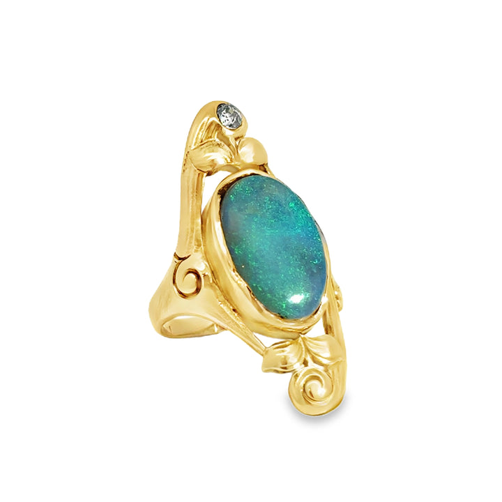 0.10 CT Diamond Vintage Opal Ring 14K Yellow Gold