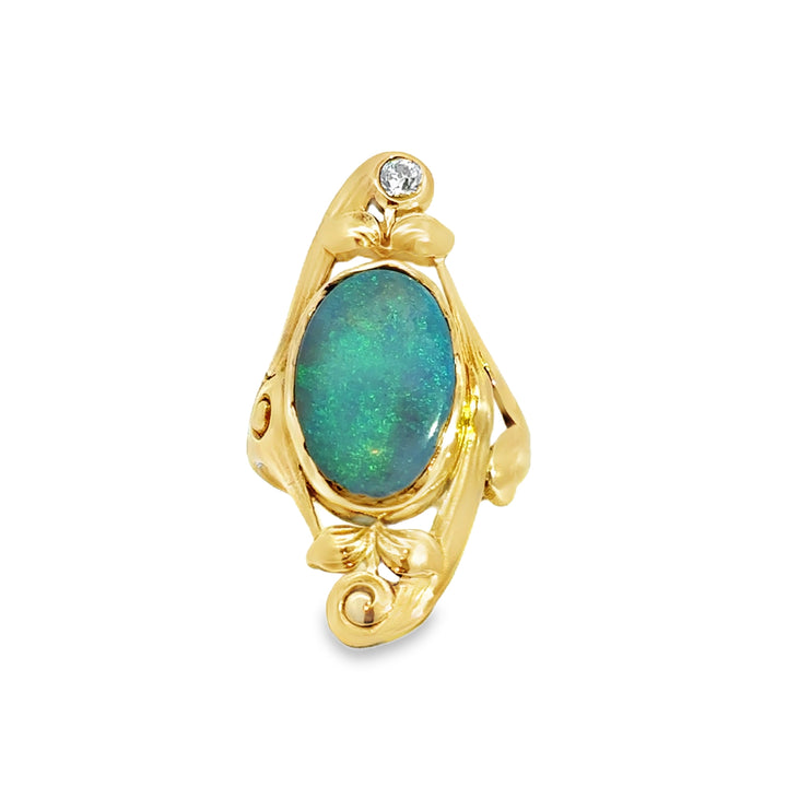 0.10 CT Diamond Vintage Opal Ring 14K Yellow Gold