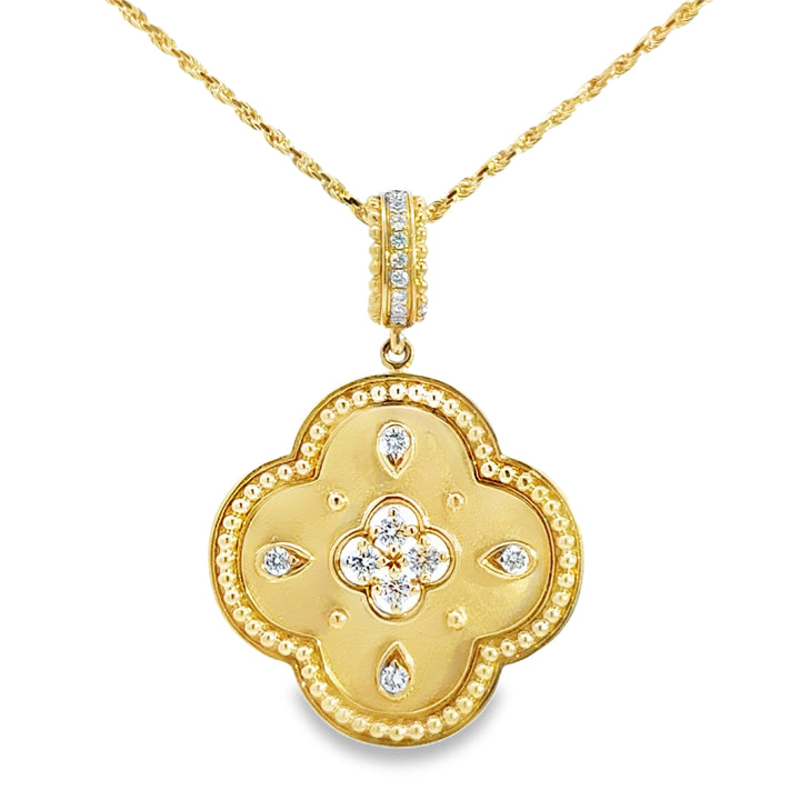 0.19 CTW Diamond 18K Yellow Gold Quatrefoil Medallion Pendant Necklace