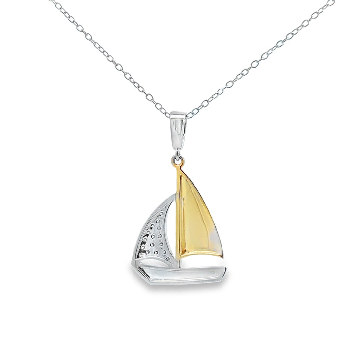 0.14 CTW Diamond 14K Two-Tone Gold Sailboat Pendant Necklace