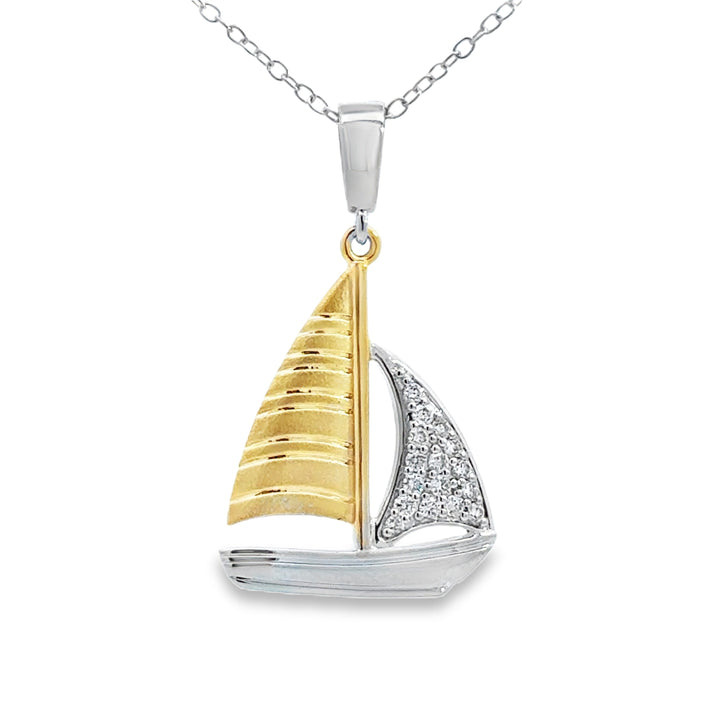 0.14 CTW Diamond 14K Two-Tone Gold Sailboat Pendant Necklace