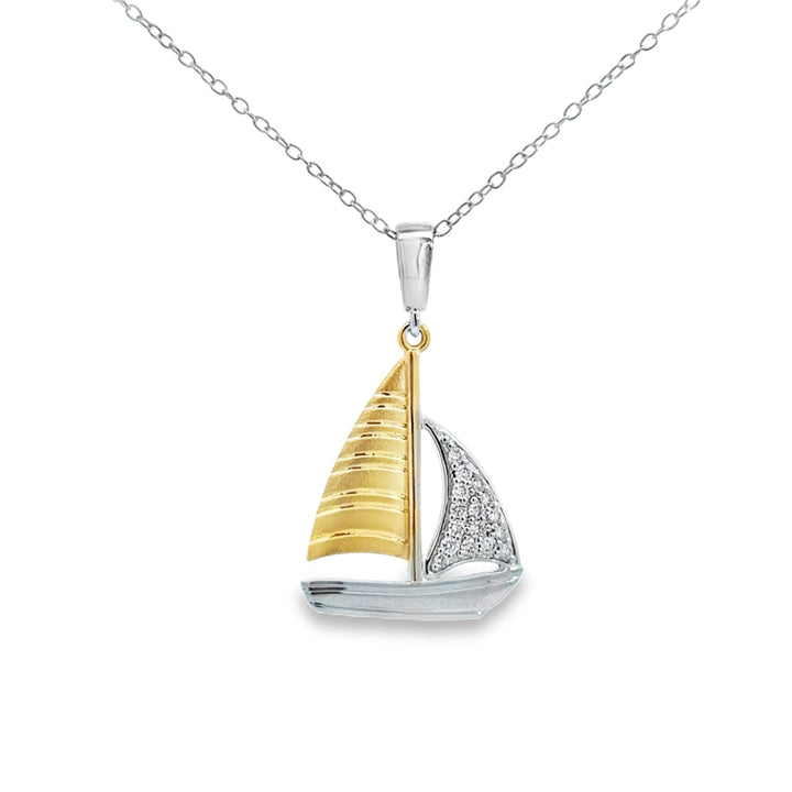 0.14 CTW Diamond 14K Two-Tone Gold Sailboat Pendant Necklace