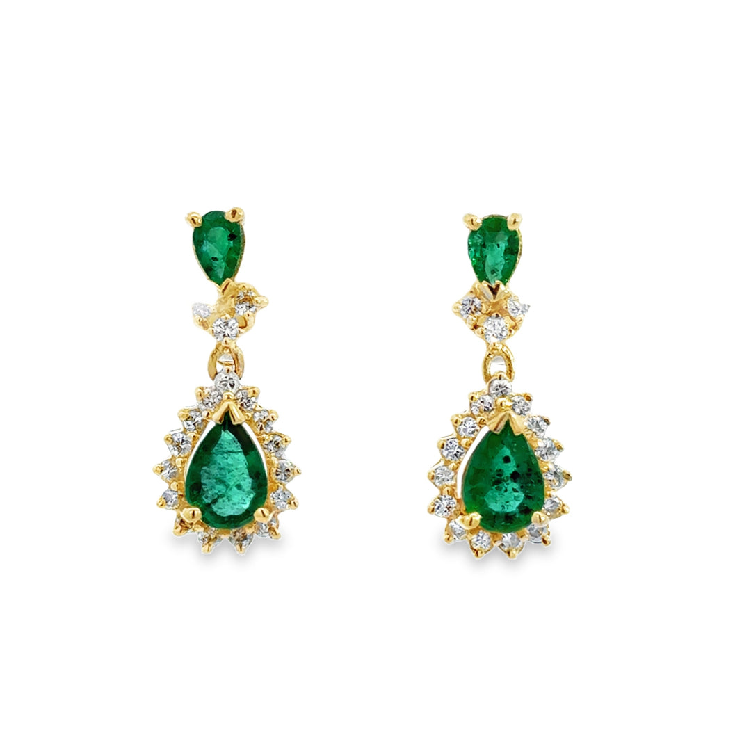 14K Yellow Gold Emerald and Diamond Drop Earrings