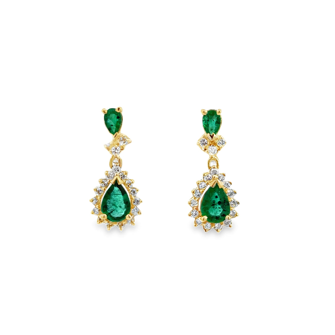 14K Yellow Gold Emerald and Diamond Drop Earrings
