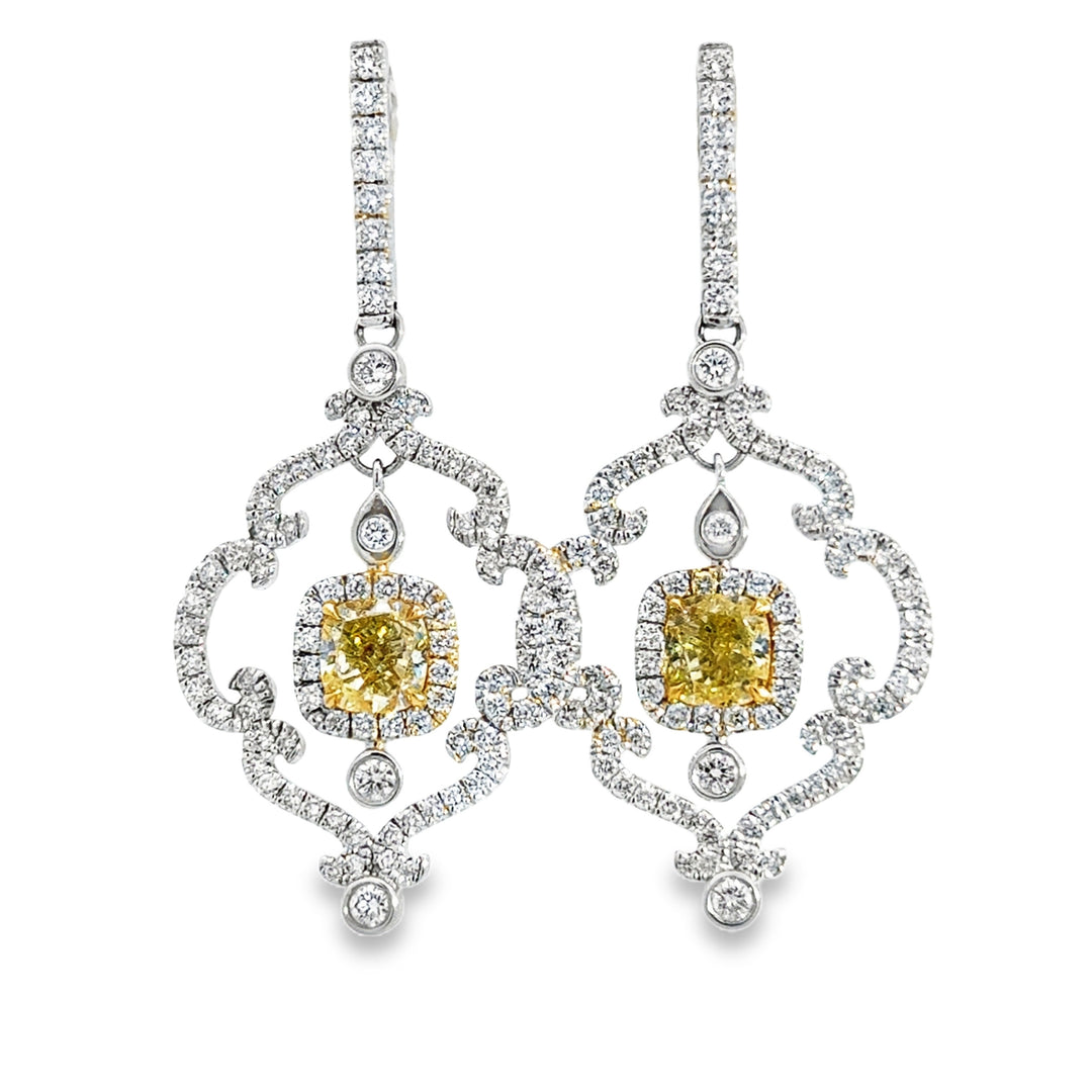 2.05 CTW Fancy Yellow Diamond Earrings in 18K Yellow &amp; White Gold
