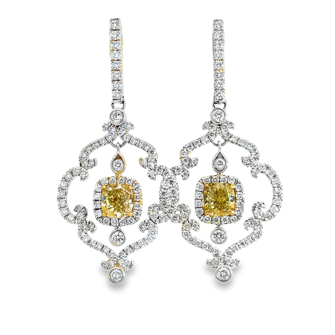 2.05 CTW Fancy Yellow Diamond Earrings in 18K Yellow &amp; White Gold