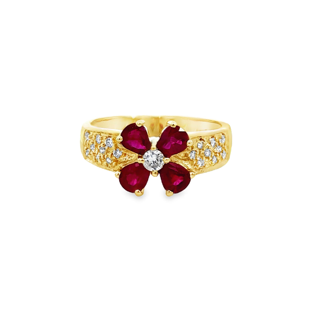 1.50 CTW Ruby Floral Ring in 18K Yellow Gold