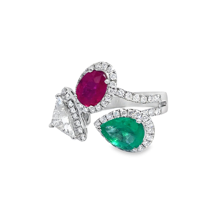 1.13 CT Emerald, 1.33 CT Ruby & 1.10 CT Diamond 18K White Gold Ring