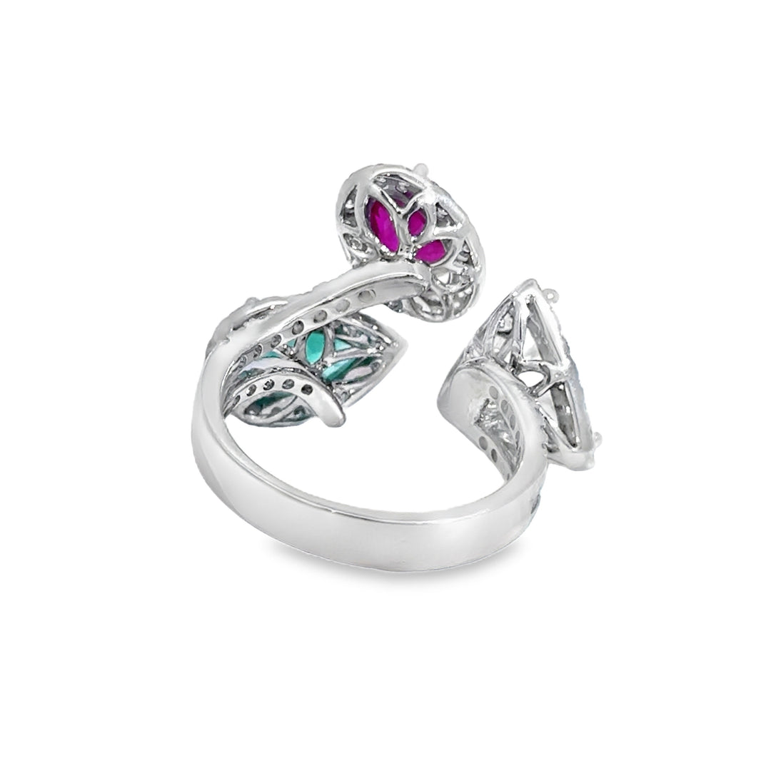 1.13 CT Emerald, 1.33 CT Ruby & 1.10 CT Diamond 18K White Gold Ring