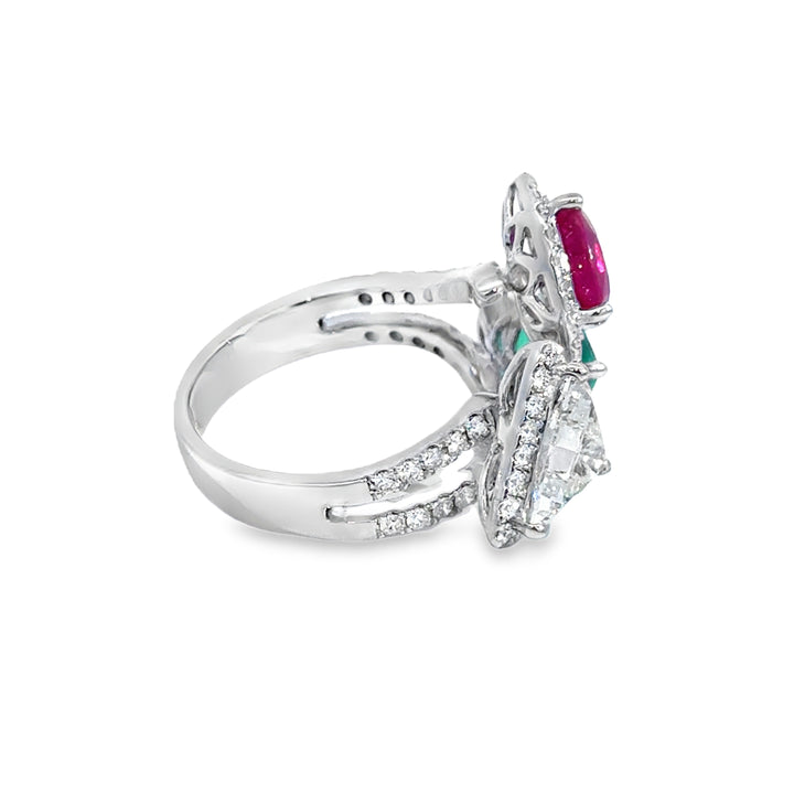 1.13 CT Emerald, 1.33 CT Ruby & 1.10 CT Diamond 18K White Gold Ring