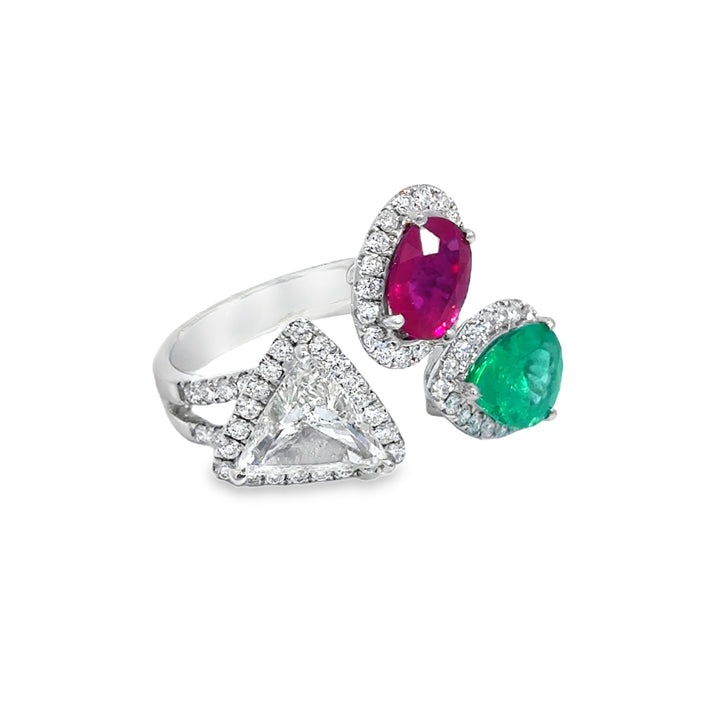 1.13 CT Emerald, 1.33 CT Ruby & 1.10 CT Diamond 18K White Gold Ring