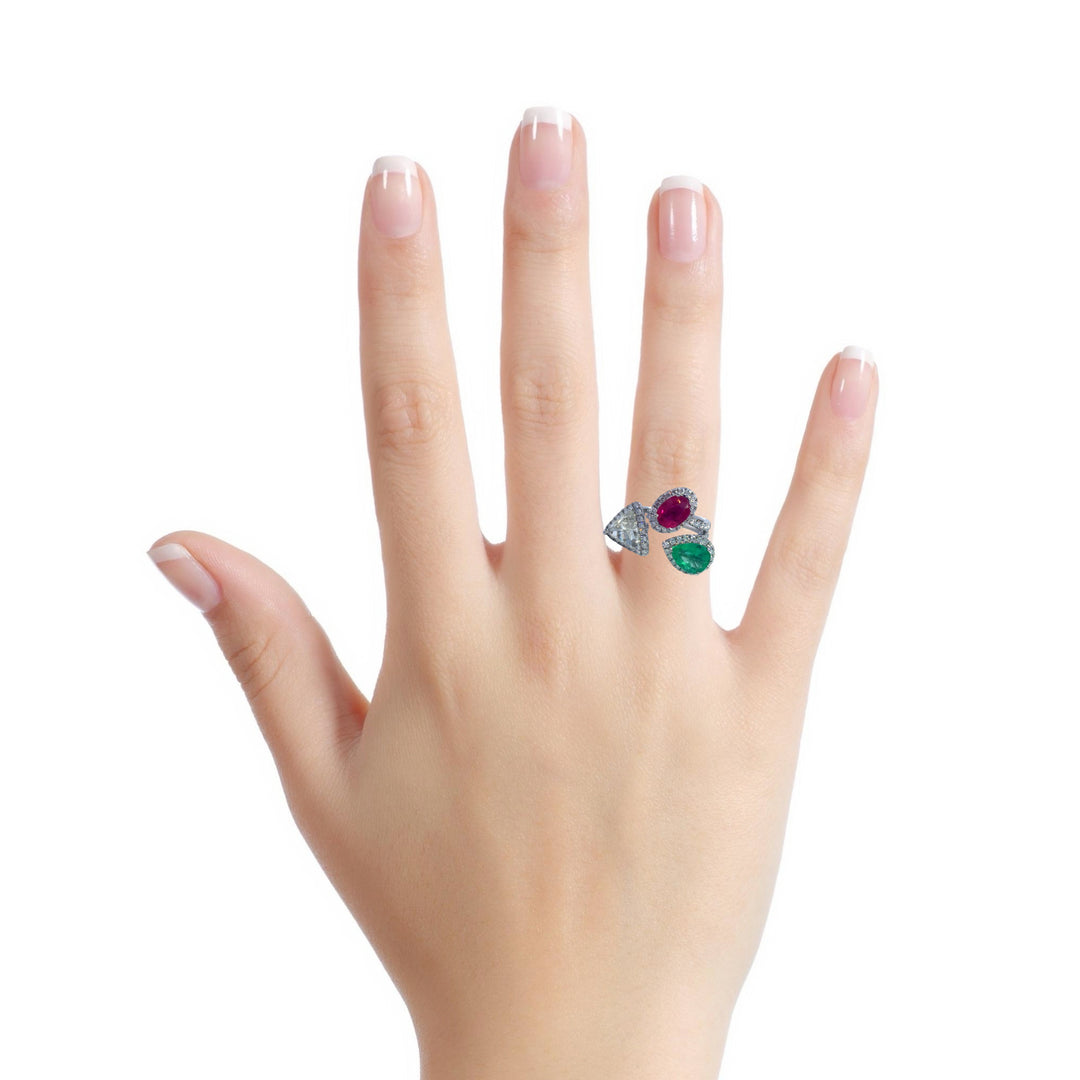 1.13 CT Emerald, 1.33 CT Ruby & 1.10 CT Diamond 18K White Gold Ring