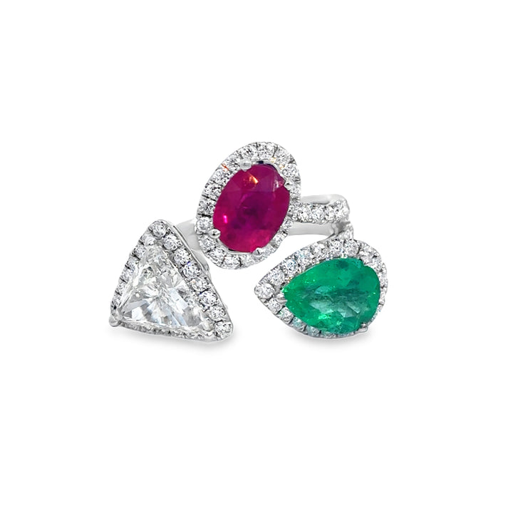 1.13 CT Emerald, 1.33 CT Ruby &amp; 1.10 CT Diamond 18K White Gold Ring
