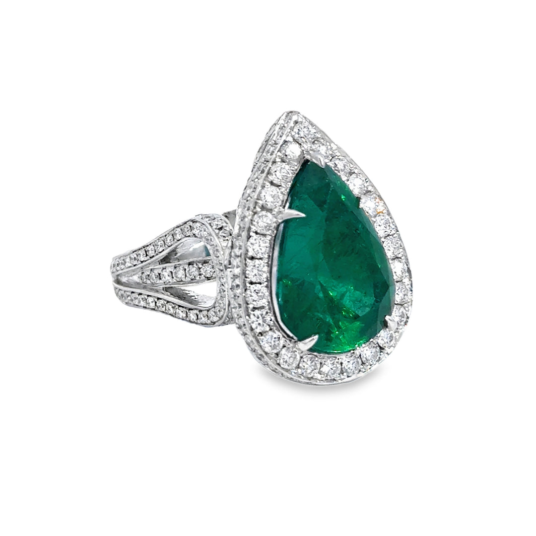 18K White Gold Pear Emerald & Diamond Ring (6.97 CTW)