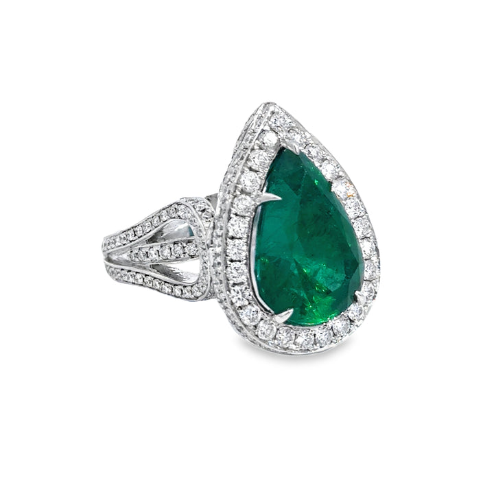18K White Gold Pear Emerald & Diamond Ring (6.97 CTW)