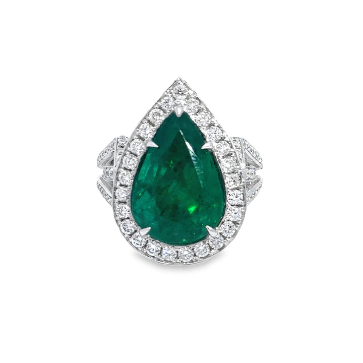 18K White Gold Pear Emerald & Diamond Ring (6.97 CTW)