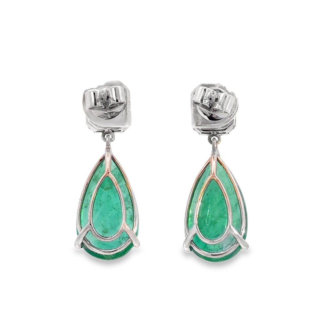 13.03 CT Pear Shape Emerald & 0.83 CTW Diamond 18K White Gold Drop Earrings