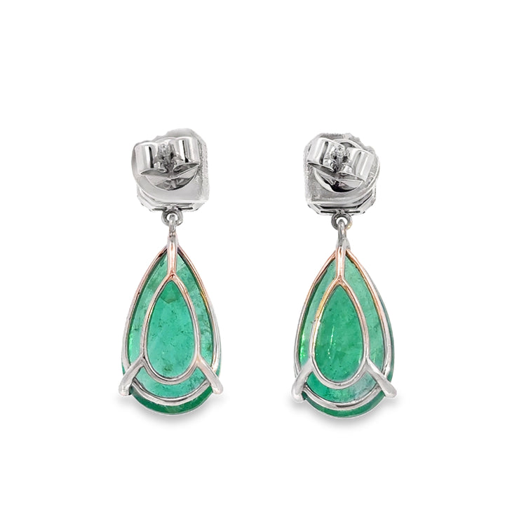 13.03 CT Pear Shape Emerald & 0.83 CTW Diamond 18K White Gold Drop Earrings