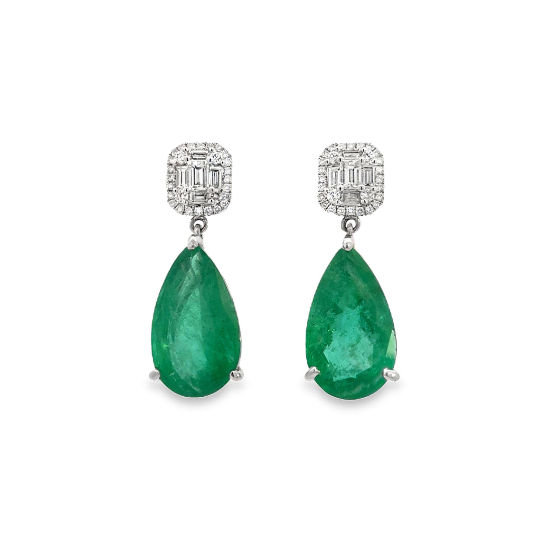 13.03 CT Pear Shape Emerald & 0.83 CTW Diamond 18K White Gold Drop Earrings