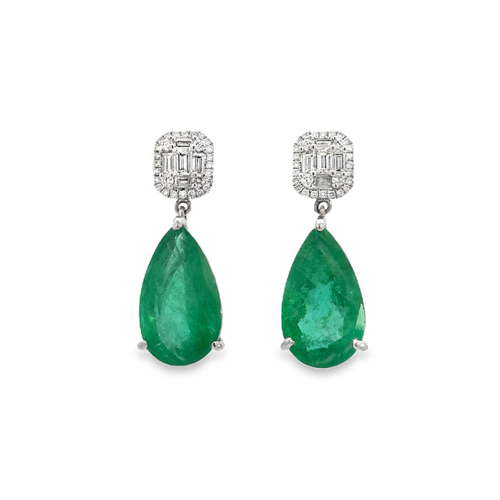 13.03 CT Pear Shape Emerald & 0.83 CTW Diamond 18K White Gold Drop Earrings