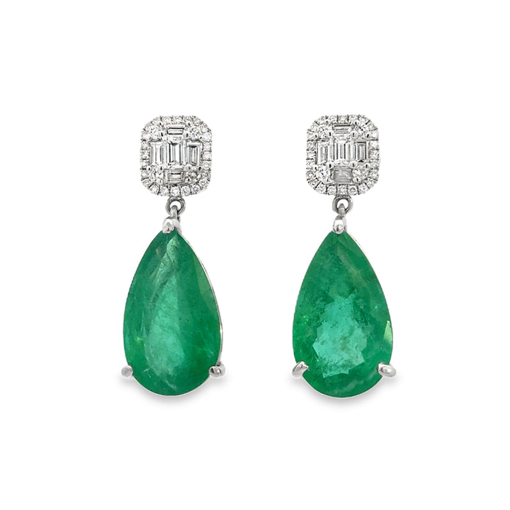 13.03 CT Pear Shape Emerald & 0.83 CTW Diamond 18K White Gold Drop Earrings