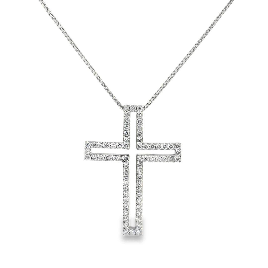1.00 CTW Diamond 18K White Gold Cross Pendant Necklace