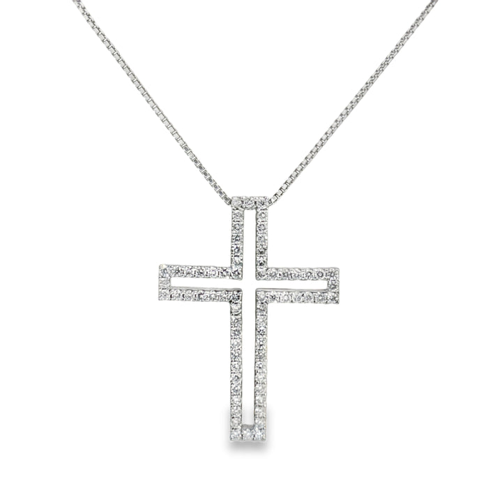 1.00 CTW Diamond 18K White Gold Cross Pendant Necklace